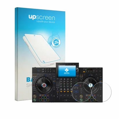 Parte frontal de un envase de producto con el logotipo de la marca upscreen. Al lado se muestra el dispositivo AlphaTheta XDJ-