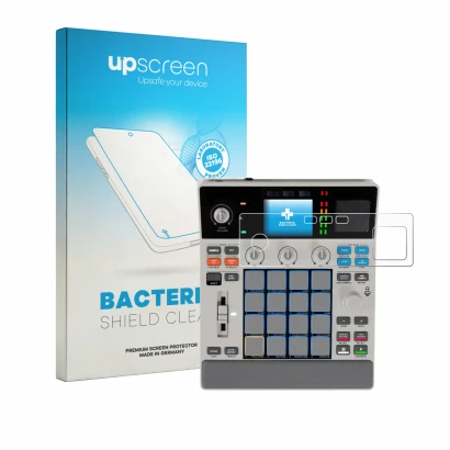 Parte frontal de un envase de producto con el logotipo de la marca upscreen. Al lado se muestra el dispositivo Akai MPC Sample