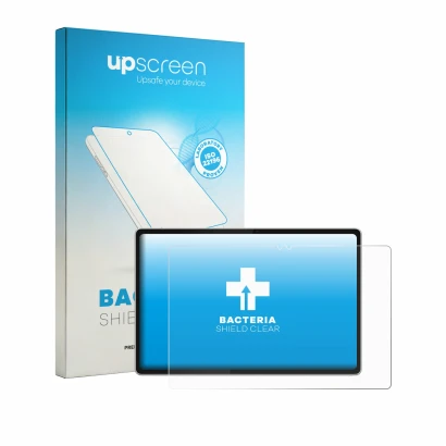 Parte frontal de un envase de producto con el logotipo de la marca upscreen. Al lado se muestra el dispositivo Lenovo Tab Plus