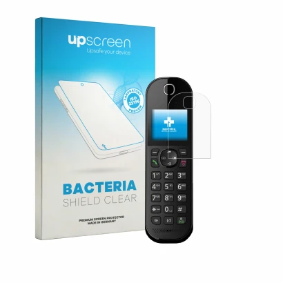 Parte frontal de un envase de producto con el logotipo de la marca upscreen. Al lado se muestra el dispositivo Panasonic KX-TG