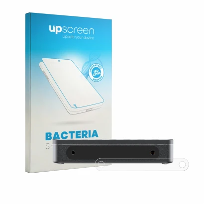 Parte frontal de un envase de producto con el logotipo de la marca upscreen. Al lado se muestra el dispositivo FiiO DM13 BT co