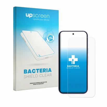 Parte frontal de un envase de producto con el logotipo de la marca upscreen. Al lado se muestra el dispositivo Google Pixel 11