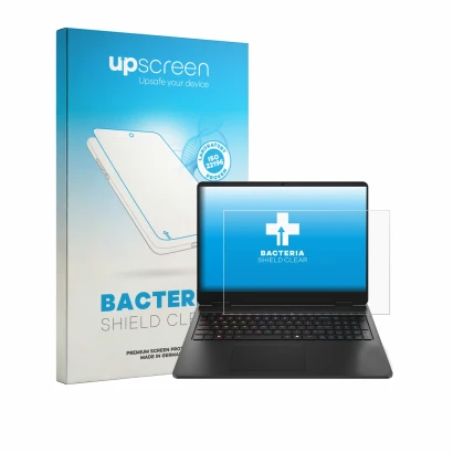 Parte frontal de un envase de producto con el logotipo de la marca upscreen. Al lado se muestra el dispositivo HP HyperX Omen