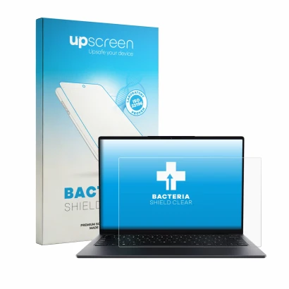 Parte frontal de un envase de producto con el logotipo de la marca upscreen. Al lado se muestra el dispositivo Chuwi UniBook c