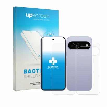 Parte frontal de un envase de producto con el logotipo de la marca upscreen. Al lado se muestra el dispositivo Google Pixel 11