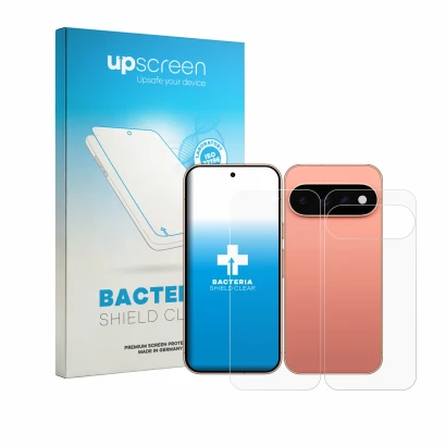 Parte frontal de un envase de producto con el logotipo de la marca upscreen. Al lado se muestra el dispositivo Google Pixel 11