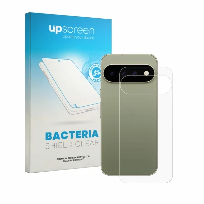 Parte frontal de un envase de producto con el logotipo de la marca upscreen. Al lado se muestra el dispositivo Google Pixel 11