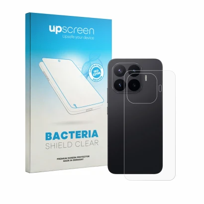 Parte frontal de un envase de producto con el logotipo de la marca upscreen. Al lado se muestra el dispositivo Xiaomi 17T Pro