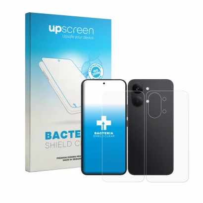 Parte frontal de un envase de producto con el logotipo de la marca upscreen. Al lado se muestra el dispositivo Xiaomi Poco X8