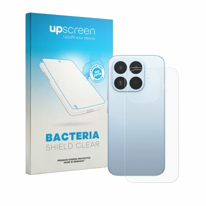 Parte frontal de un envase de producto con el logotipo de la marca upscreen. Al lado se muestra el dispositivo Xiaomi 17T (Tra