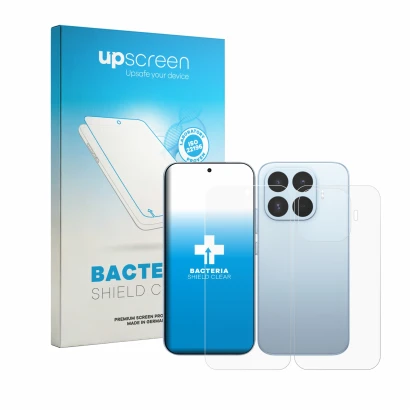 Parte frontal de un envase de producto con el logotipo de la marca upscreen. Al lado se muestra el dispositivo Xiaomi 17T (Fro