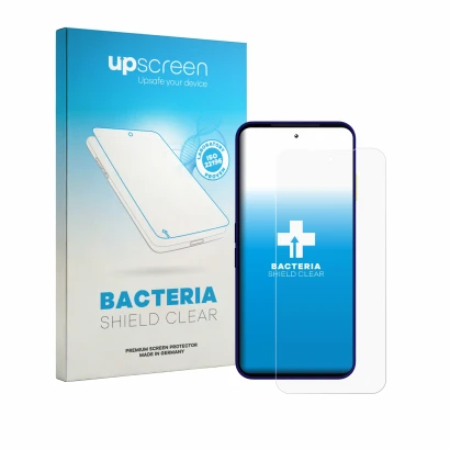 Parte frontal de un envase de producto con el logotipo de la marca upscreen. Al lado se muestra el dispositivo Fairphone 6 Plu