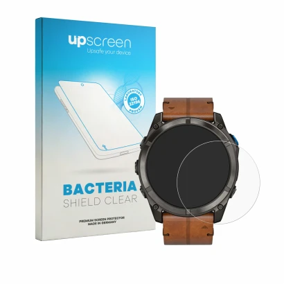 Parte frontal de un envase de producto con el logotipo de la marca upscreen. Al lado se muestra el dispositivo Garmin D2 Mach