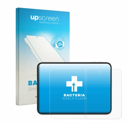 Parte frontal de un envase de producto con el logotipo de la marca upscreen. Al lado se muestra el dispositivo Apple iPhone Du