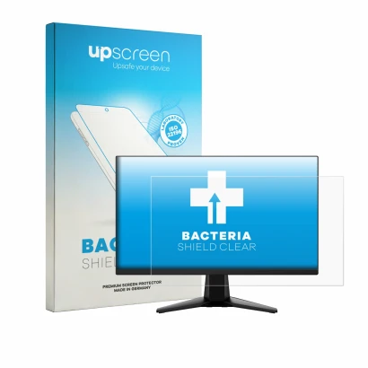 Parte frontal de un envase de producto con el logotipo de la marca upscreen. Al lado se muestra el dispositivo MSI G255F con s
