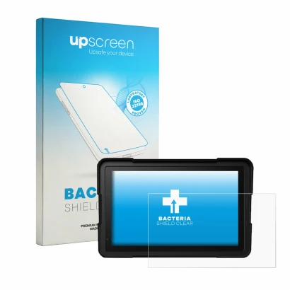 Parte frontal de un envase de producto con el logotipo de la marca upscreen. Al lado se muestra el dispositivo BakerMiche 7" c