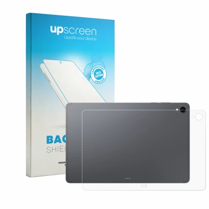 Parte frontal de un envase de producto con el logotipo de la marca upscreen. Al lado se muestra el dispositivo Samsung Galaxy