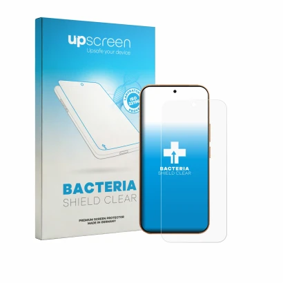 Parte frontal de un envase de producto con el logotipo de la marca upscreen. Al lado se muestra el dispositivo Vivo V80 con su