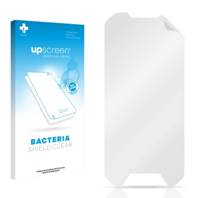 Parte frontal de un envase de producto con el logotipo de la marca upscreen. Al lado está el protector de pantalla correspondi