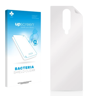 Parte frontal de un envase de producto con el logotipo de la marca upscreen. Al lado está el protector de pantalla correspondi