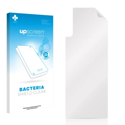Parte frontal de un envase de producto con el logotipo de la marca upscreen. Al lado está el protector de pantalla correspondi