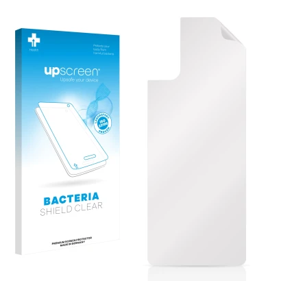 Parte frontal de un envase de producto con el logotipo de la marca upscreen. Al lado está el protector de pantalla correspondi