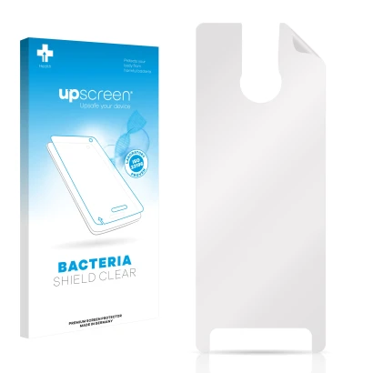 Parte frontal de un envase de producto con el logotipo de la marca upscreen. Al lado está el protector de pantalla correspondi