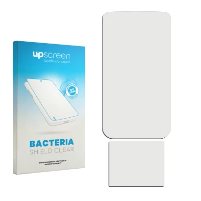 Parte frontal de un envase de producto con el logotipo de la marca upscreen. Al lado está el protector de pantalla correspondi