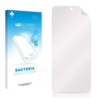 Parte frontal de un envase de producto con el logotipo de la marca upscreen. Al lado está el protector de pantalla correspondi