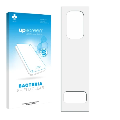 Parte frontal de un envase de producto con el logotipo de la marca upscreen. Al lado está el protector de pantalla correspondi