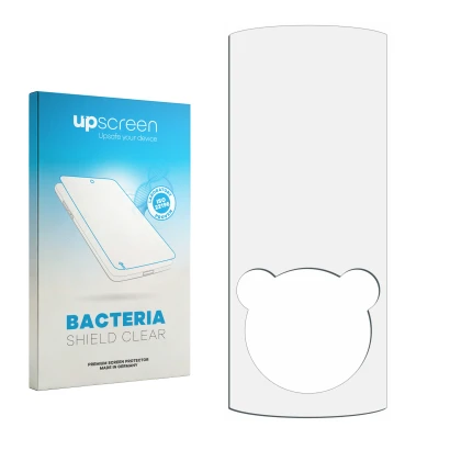 Parte frontal de un envase de producto con el logotipo de la marca upscreen. Al lado está el protector de pantalla correspondi