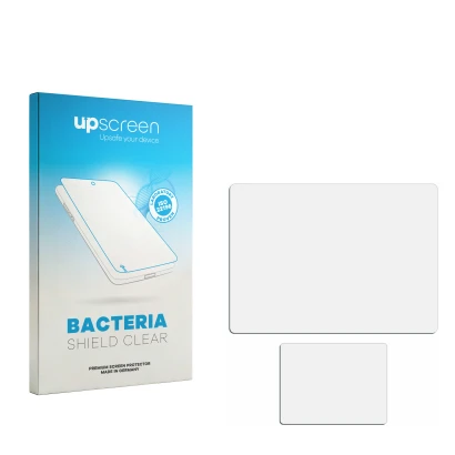 Parte frontal de un envase de producto con el logotipo de la marca upscreen. Al lado está el protector de pantalla correspondi