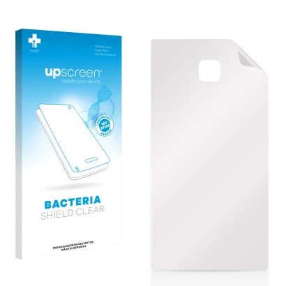 Parte frontal de un envase de producto con el logotipo de la marca upscreen. Al lado está el protector de pantalla correspondi
