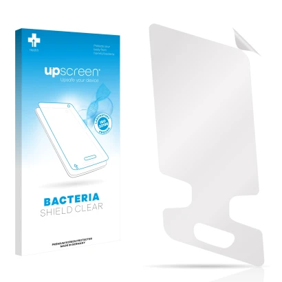 Parte frontal de un envase de producto con el logotipo de la marca upscreen. Al lado está el protector de pantalla correspondi