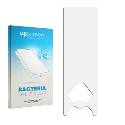 Parte frontal de un envase de producto con el logotipo de la marca upscreen. Al lado está el protector de pantalla correspondi