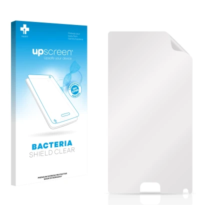 Parte frontal de un envase de producto con el logotipo de la marca upscreen. Al lado está el protector de pantalla correspondi