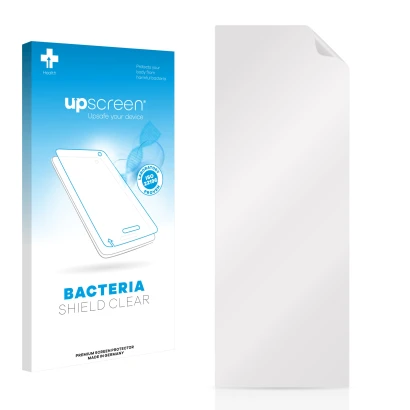 Parte frontal de un envase de producto con el logotipo de la marca upscreen. Al lado está el protector de pantalla correspondi