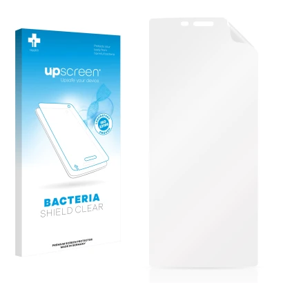 Parte frontal de un envase de producto con el logotipo de la marca upscreen. Al lado está el protector de pantalla correspondi
