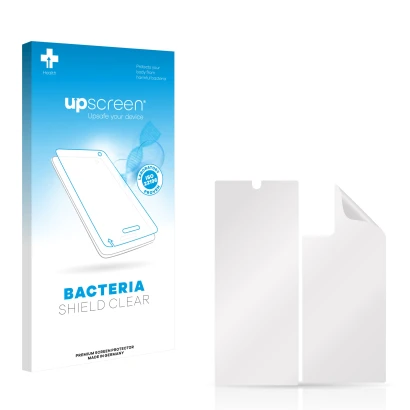 Parte frontal de un envase de producto con el logotipo de la marca upscreen. Al lado está el protector de pantalla correspondi