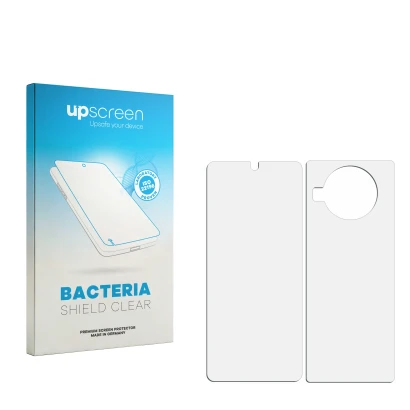 Parte frontal de un envase de producto con el logotipo de la marca upscreen. Al lado está el protector de pantalla correspondi