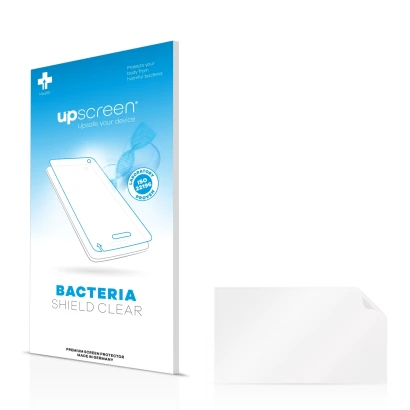 Parte frontal de un envase de producto con el logotipo de la marca upscreen. Al lado está el protector de pantalla correspondi