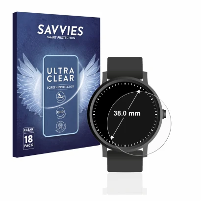 Parte frontal de un envase de producto con el logotipo de la marca Savvies. Al lado se muestra el dispositivo Relojes (Circula