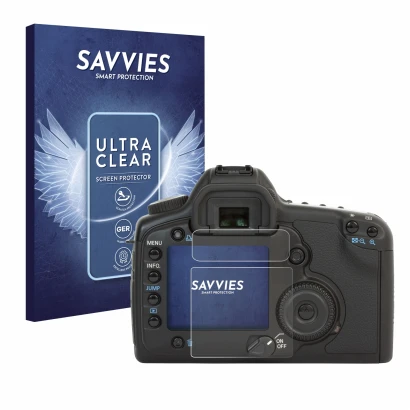 Parte frontal de un envase de producto con el logotipo de la marca Savvies. Al lado se muestra el dispositivo Canon EOS 5D con