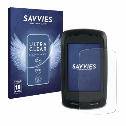 Parte frontal de un envase de producto con el logotipo de la marca Savvies. Al lado se muestra el dispositivo Garmin Edge 800 