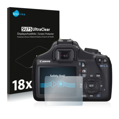 Parte frontal de un envase de producto con el logotipo de la marca Savvies. Al lado se muestra el dispositivo Canon EOS 1100D 