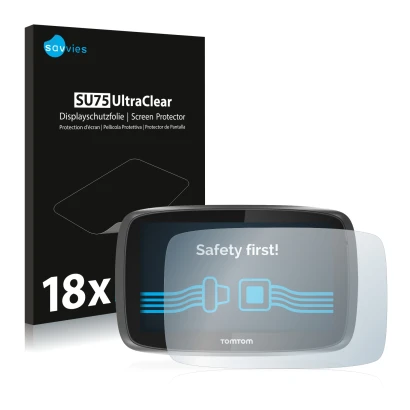 Parte frontal de un envase de producto con el logotipo de la marca Savvies. Al lado se muestra el dispositivo TomTom GO 5000 c