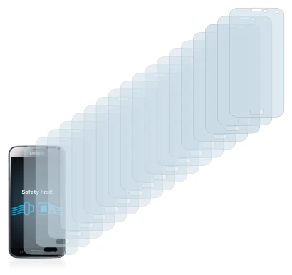 Imagen del dispositivo Samsung Galaxy S5 con una amplia variedad de protectores de pantalla.