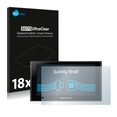 Parte frontal de un envase de producto con el logotipo de la marca Savvies. Al lado se muestra el dispositivo Garmin nüvi 2599