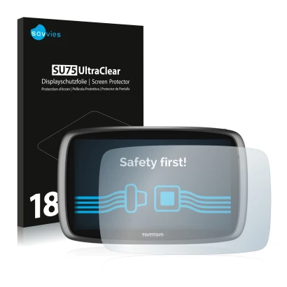 Parte frontal de un envase de producto con el logotipo de la marca Savvies. Al lado se muestra el dispositivo TomTom GO 6100 c