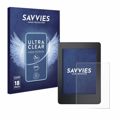 Parte frontal de un envase de producto con el logotipo de la marca Savvies. Al lado se muestra el dispositivo Amazon Kindle Pa
